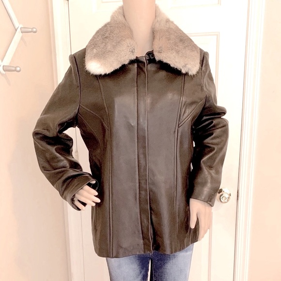 Jones New York Jackets & Blazers - Jones New York Brown Genuine Leather Removable Rabbit Fur Collar Jacket M
